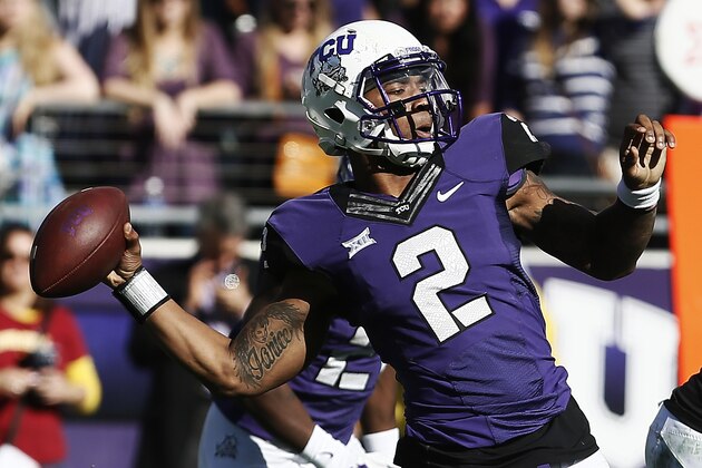 TCU quarterback Trevone Boykin (2) throws to a open receiver during the second half of an NCAA college football game against Iowa State at Amon G. Carter Stadium, Saturday, Dec. 6, 2014, in Fort Worth, Texas. TCU won 55-3. (AP Photo/Brandon Wade)