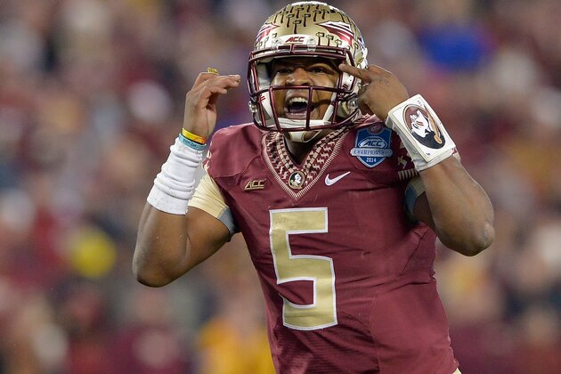 CHARLOTTE, NC - DECEMBER 06:  Jameis Winston #5 of the Florida State Seminoles calls an audible against the Georgia Tech Yellow Jackets during the Atlantic Coast Conference championship game on December 6, 2014 in Greenville, North Carolina. Florida State won 37-35.  (Photo by Grant Halverson/Getty Images)