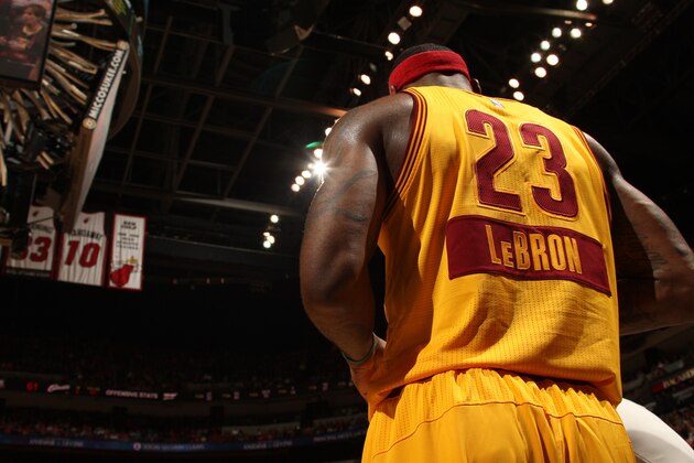 MIAMI, FL - DECEMBER 25:  A close up shot of LeBron James #23 of the Cleveland Cavaliers during the game against the Miami Heat at the American Airlines Arena on December 25, 2014 in Miami, Florida. NOTE TO USER: User expressly acknowledges and agrees that, by downloading and/or using this Photograph, user is consenting to the terms and conditions of the Getty Images License Agreement. Mandatory Copyright Notice: Copyright 2014 NBAE (Photo by Issac Baldizon/NBAE via Getty Images)