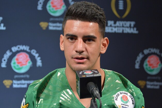 Dec 29, 2014; Los Angeles, CA, USA; Oregon Ducks quarterback Marcus Mariota (8) at media day for the 2015 Rose Bowl at the L.A. Hotel Downtown. Mandatory Credit: Kirby Lee-USA TODAY Sports