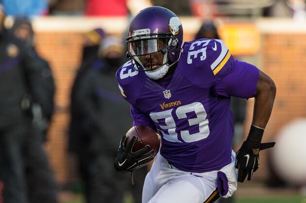 Nov 30, 2014; Minneapolis, MN, USA; Minnesota Vikings running back Ben Tate (33) carries the ball during the fourth quarter against the Carolina Panthers at TCF Bank Stadium. The Vikings defeated the Panthers 31-13. Mandatory Credit: Brace Hemmelgarn-USA TODAY Sports