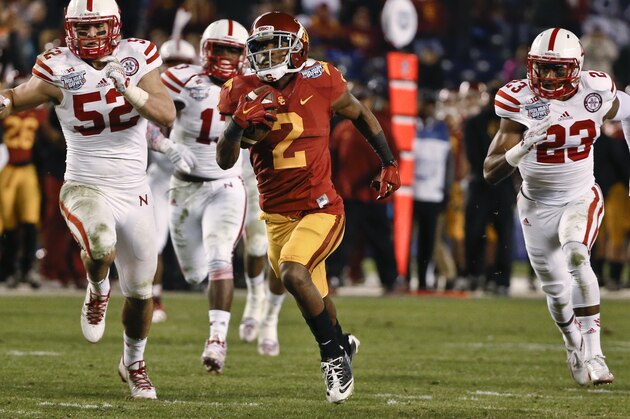 Southern California's Adoree' Jackson breaks loose on a 71-yard touchdown reception against Nebraska during the second half of the Holiday Bowl NCAA college football game Saturday, Dec. 27, 2014, in San Diego. Southern California won 45-42. (AP Photo/Lenny Ignelzi)