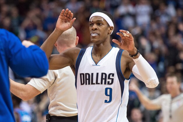 Dec 28, 2014; Dallas, TX, USA; Dallas Mavericks guard Rajon Rondo (9) comes off the court during the second half against the Oklahoma City Thunder at the American Airlines Center. The Mavericks defeated the Thunder 112-107. Mandatory Credit: Jerome Miron-USA TODAY Sports