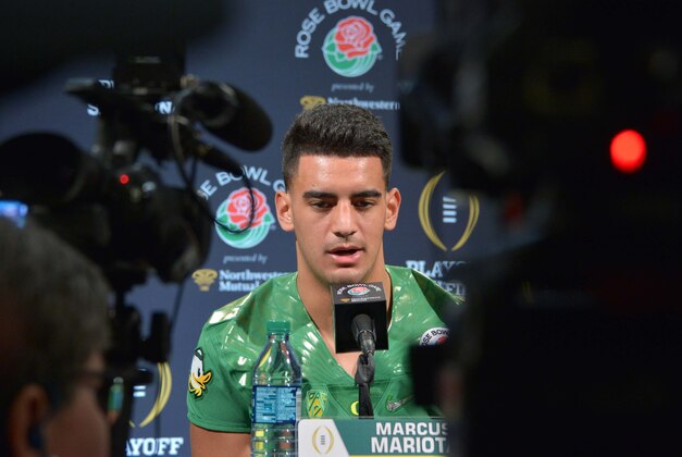Dec 29, 2014; Los Angeles, CA, USA; Oregon Ducks quarterback Marcus Mariota (8) at media day for the 2015 Rose Bowl at the L.A. Hotel Downtown. Mandatory Credit: Kirby Lee-USA TODAY Sports