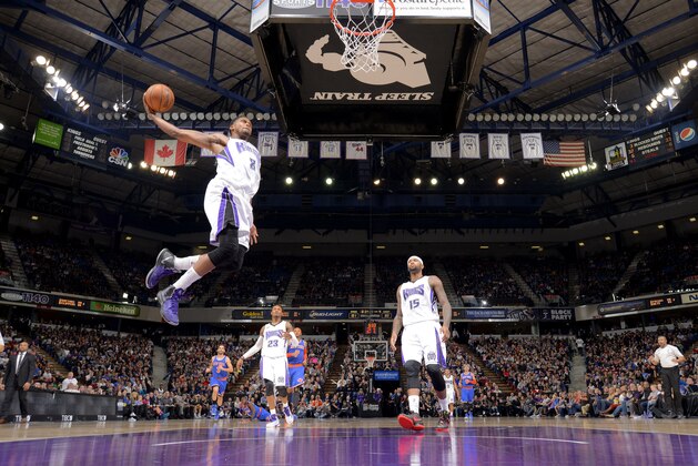SACRAMENTO, CA - DECEMBER 27: Rudy Gay #8 of the Sacramento Kings dunks against the New York Knicks on December 27, 2014 at Sleep Train Arena in Sacramento, California. NOTE TO USER: User expressly acknowledges and agrees that, by downloading and or using this photograph, User is consenting to the terms and conditions of the Getty Images Agreement. Mandatory Copyright Notice: Copyright 2014 NBAE (Photo by Rocky Widner/NBAE via Getty Images)
