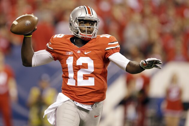 Ohio State quarterback Cardale Jones throws during the first half of the Big Ten Conference championship NCAA college football game against Wisconsin Saturday, Dec. 6, 2014, in Indianapolis. (AP Photo/Darron Cummings)