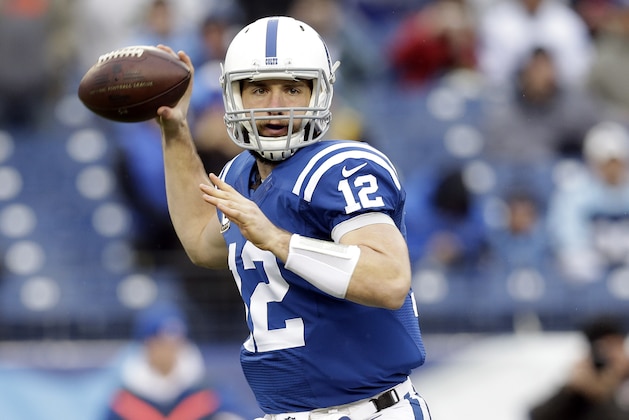 Indianapolis Colts quarterback Andrew Luck passes against the Tennessee Titans in the first half of an NFL football game Sunday, Dec. 28, 2014, in Nashville, Tenn. (AP Photo/Sanford Myers)