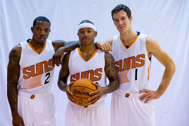Sep 29, 2014; Phoenix, AZ, USA; Phoenix Suns guard Eric Bledsoe (left), guard Isaiah Thomas (center) and guard Goran Dragic pose for a portrait during media day at the US Airways Center. Mandatory Credit: Mark J. Rebilas-USA TODAY Sports