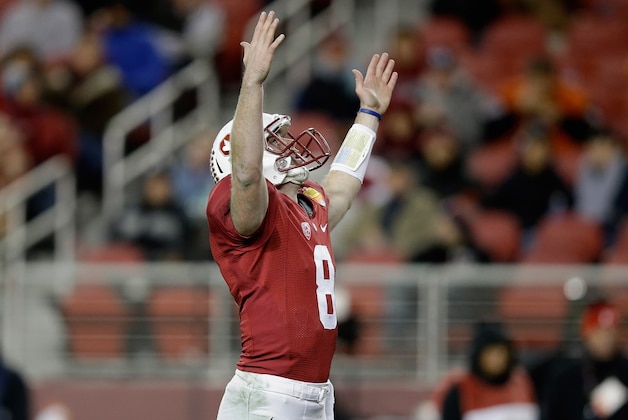 SANTA CLARA, CA - DECEMBER 30: Kevin Hogan #8 of the Stanford Cardinal reacts after Remound Wright #22 ran in for his second touchdown against the Maryland Terrapins during the Foster Farms Bowl at Levi's Stadium on December 30, 2014 in Santa Clara, California. (Photo by Ezra Shaw/Getty Images) SANTA CLARA, CA - DECEMBER 30: Kevin Hogan #8 of the Stanford Cardinal reacts after Remound Wright #22 ran in for his second touchdown against the Maryland Terrapins during the Foster Farms Bowl at Levi's Stadium on December 30, 2014 in Santa Clara, California. (Photo by Ezra Shaw/Getty Images)
