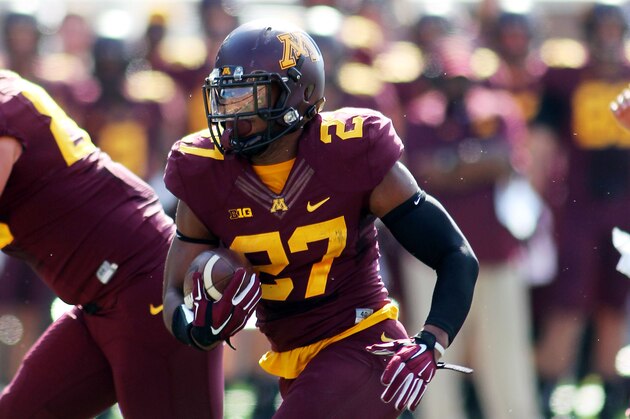 Minnesota running back David Cobb (27) in the first quarter during an NCAA football game against San Jose State on Saturday, Sept. 20, 2014 in Minneapolis.(AP Photo/Andy Clayton-King)