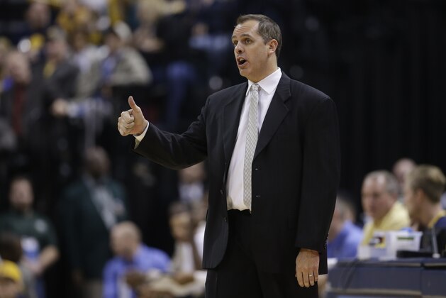 Indiana Pacers head coach Frank Vogel in action during the second half of an NBA basketball game against the Chicago Bulls Monday, Dec. 29, 2014, in Indianapolis. Chicago defeated Indiana 92-90. (AP Photo/Darron Cummings)