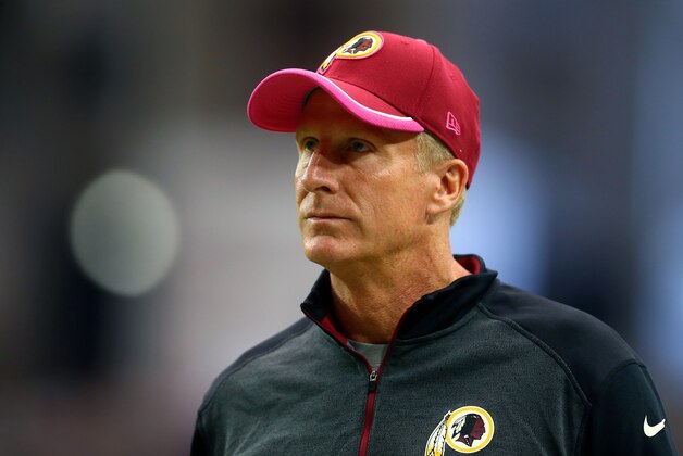 Oct 12, 2014; Glendale, AZ, USA; Washington Redskins defensive coordinator Jim Haslett against the Arizona Cardinals at University of Phoenix Stadium. The Cardinals defeated the Redskins 30-20. Mandatory Credit: Mark J. Rebilas-USA TODAY Sports