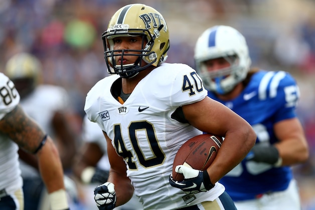 DURHAM, NC - SEPTEMBER 21:  James Conner #40 of the Pittsburgh Panthers during their game at Wallace Wade Stadium on September 21, 2013 in Durham, North Carolina.  (Photo by Streeter Lecka/Getty Images)