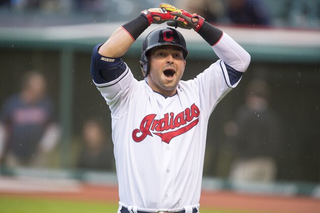 CLEVELAND, OH - MAY 16: Nick Swisher #33 of the Cleveland Indians celebrates after hitting a solo home run during the first inning against the Oakland Athletics at Progressive Field on May 16, 2014 in Cleveland, Ohio. (Photo by Jason Miller/Getty Images)