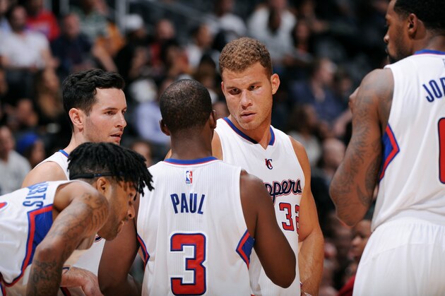 LOS ANGELES, CA - OCTOBER 7: Blake Griffin #32 of the Los Angeles Clippers speaks to his team during a game against the Golden State Warriors on October 7, 2014 at the Staples Center in Los Angeles, California. NOTE TO USER:  User expressly acknowledges and agrees that, by downloading and or using this Photograph, user is consenting to the terms and conditions of the Getty Images License Agreement.  Mandatory Copyright Notice:  Copyright 2014 NBAE (Photo by Juan O'Campo/NBAE via Getty Images)