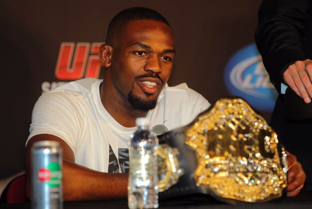 Apr 27, 2013; Newark, NJ, USA; Jon Jones during a press conference after UFC 159 at the Prudential Center. Mandatory Credit: Brad Penner-USA TODAY Sports Apr 27, 2013; Newark, NJ, USA; Jon Jones during a press conference after UFC 159 at the Prudential Center. Mandatory Credit: Brad Penner-USA TODAY Sports