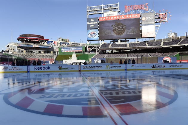 The rink at Nationals Park in Washington stands coated with ice Tuesday, Dec. 30, 2014, in preparation for the  New Year's Day Winter Classic outdoor NHL hockey game between the Washington Capitals and the Chicago Blackhawks. (AP Photo/Susan Walsh)