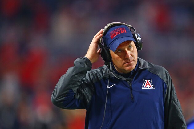 Dec 31, 2014; Glendale, AZ, USA; Arizona Wildcats head coach Rich Rodriguez reacts in the second quarter against the Boise State Broncos in the 2014 Fiesta Bowl at Phoenix Stadium. Mandatory Credit: Mark J. Rebilas-USA TODAY Sports