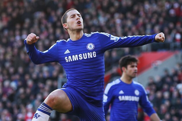 SOUTHAMPTON, ENGLAND - DECEMBER 28:  Eden Hazard of Chelsea celebrates scoring his goal during the Barclays Premier League match between Southampton and Chelsea at St Mary's Stadium on December 28, 2014 in Southampton, England.  (Photo by Scott Heavey/Getty Images)