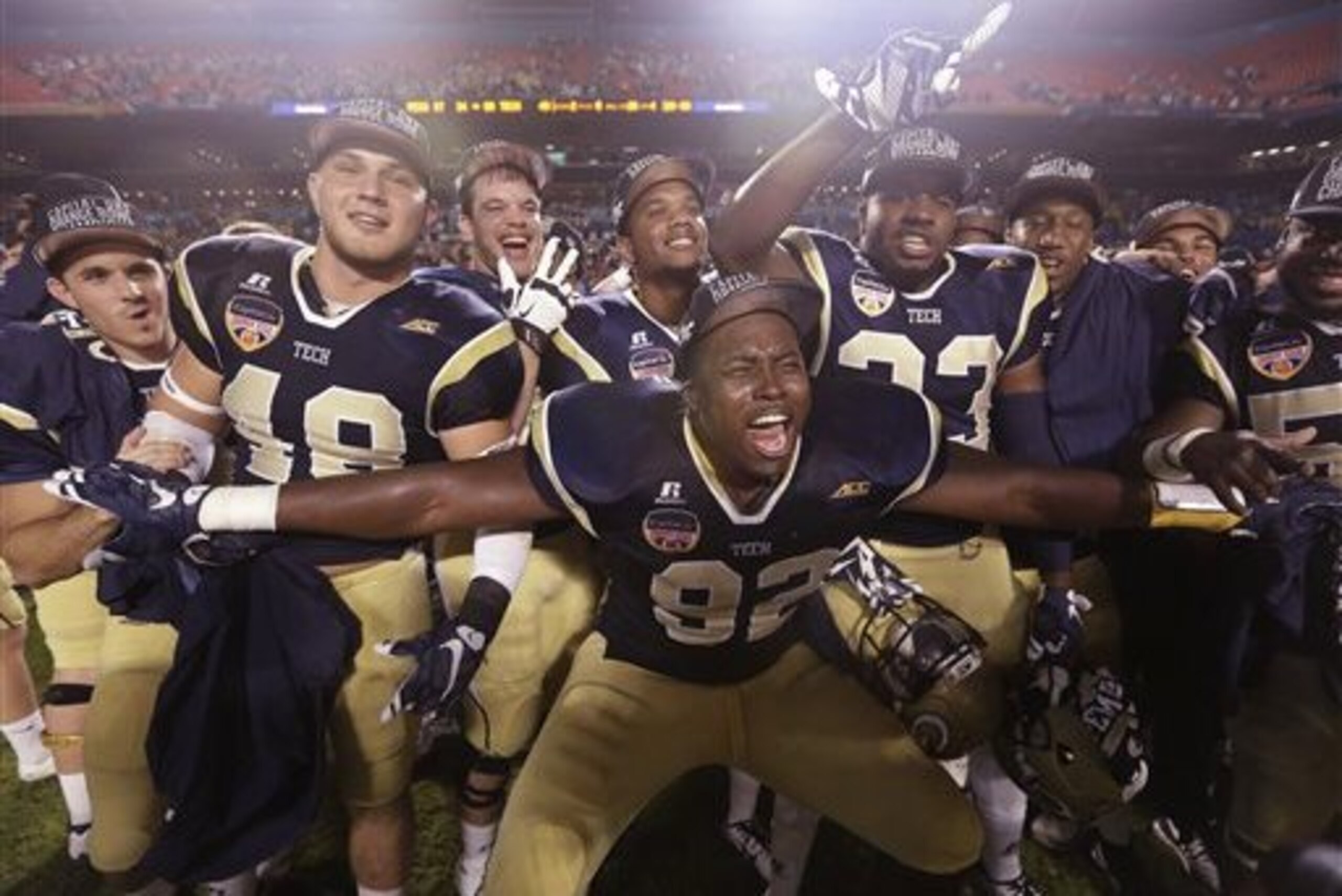 Georgia Tech defensive lineman Francis Kallon (92) celebrates with his teammates after the Orange Bowl NCAA college football game against Mississippi State, Wednesday, Dec. 31, 2014, in Miami Gardens, Fla. Georgia Tech defeated Mississippi State 49-34. (AP Photo/Lynne Sladky)