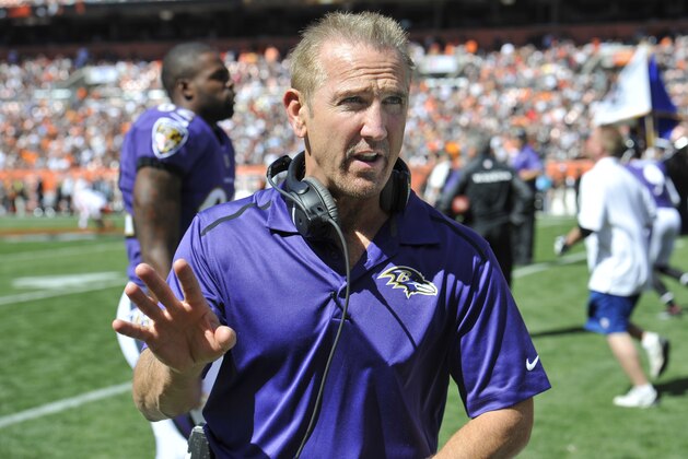 Baltimore Ravens assistant head coach and secondary coach Steve Spagnuolo talks on the sideline prior to a 23-21 win over the Cleveland Browns in an NFL football game Sunday, Sept. 21, 2014, in Cleveland. (AP Photo/David Richard)