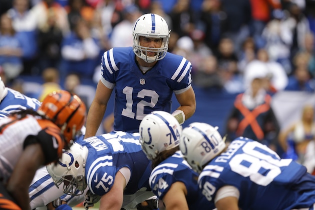 Indianapolis Colts quarterback Andrew Luck (12) calls a play during the first half of an NFL football game against the Cincinnati Bengals Sunday, Oct. 19, 2014, in Indianapolis. (AP Photo/Michael Conroy)