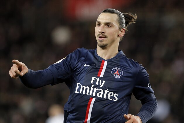 Paris Saint Germain's Zlatan Ibrahimovic gestures during their League One soccer match between Paris Saint Germain and Montpellier,  at Parc des Princes stadium, in Paris, Saturday, Dec. 20, 2014. (AP Photo/Francois Mori)