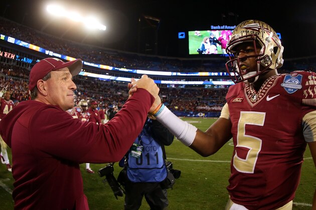 CHARLOTTE, NC - DECEMBER 06:  Head coach Jimbo Fisher and Jameis Winston #5 of the Florida State Seminoles congratulate each other after their 37-35 victory over the Georgia Tech Yellow Jackets at the ACC Championship game on December 6, 2014 in Charlotte, North Carolina.  (Photo by Mike Ehrmann/Getty Images)