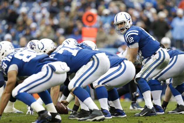 Indianapolis Colts quarterback Andrew Luck (12) calls a play in the first half of an NFL football game against the Tennessee Titans Sunday, Dec. 28, 2014, in Nashville, Tenn. (AP Photo/Sanford Myers)
