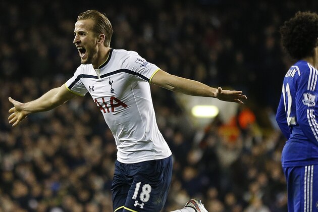 Tottenham's  Harry Kane celebrates scoring a goal during the English Premier League soccer match between Tottenham Hotspur and Chelsea at White Hart Lane Stadium in London, Thursday, Jan. 1, 2015. (AP Photo/Kirsty Wigglesworth)