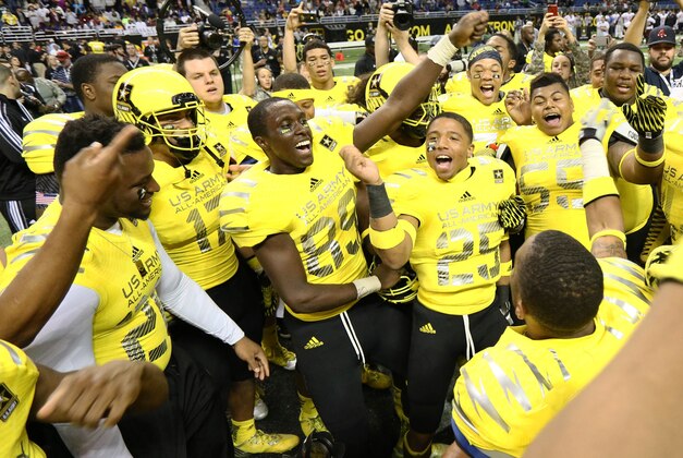 Jan 4, 2014; San Antonio, TX, USA;  Army All-American Bowl West Team celebrates its 28-6 victory over the East during U.S. Army All-American Bowl high school football game at the Alamodome. Mandatory Credit: Soobum Im-USA TODAY Sports