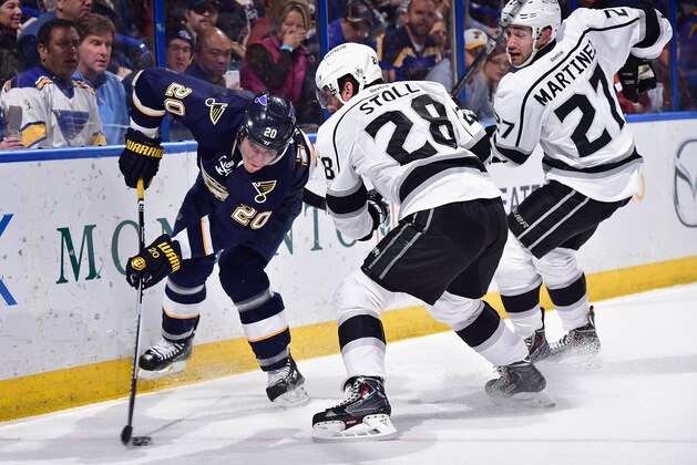 ST. LOUIS, MO - DECEMBER 16: Alexander Steen #20 of the St. Louis Blues pass the puck against Jarret Stoll #28 and Alec Martinez #27 of the Los Angeles Kings at the Scottrade Center on December 16, 2014 in St. Louis, Missouri.  (Photo by Scott Rovak/NHLI via Getty Images)