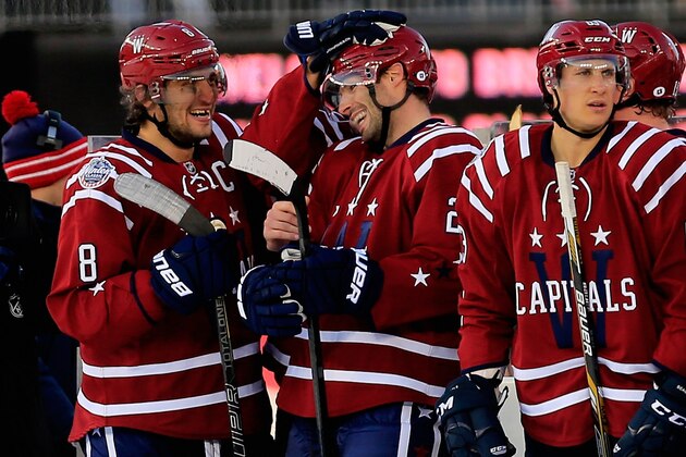 WASHINGTON, DC - JANUARY 01: Alex Ovechkin #8 of the Washington Capitals congratulates Troy Brouwer #20 of the Washington Capitals after his game winning third period goal during the 2015 NHL Winter Classic against the Chicago Blackhawks at Nationals Park on January 1, 2015 in Washington, DC.  (Photo by Rob Carr/Getty Images)