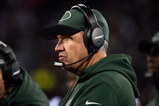 EAST RUTHERFORD, NJ - DECEMBER 01:  Head coach Rex Ryan of the New York Jets looks on against the Miami Dolphins during their game at MetLife Stadium on December 1, 2014 in East Rutherford, New Jersey.  (Photo by Alex Goodlett/Getty Images)