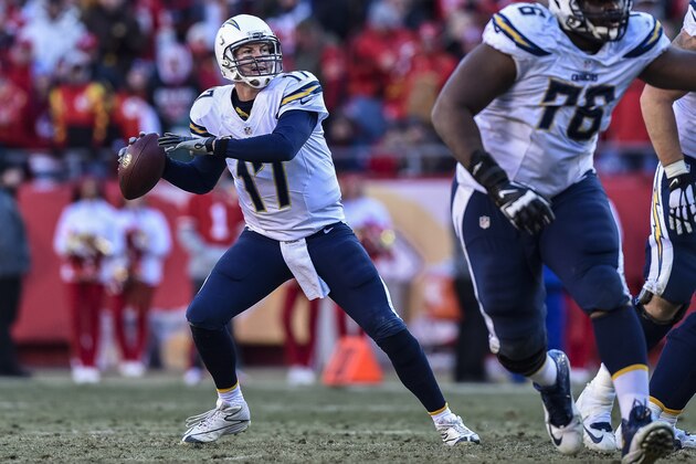 San Diego Chargers quarterback Philip Rivers (17) looks to throw against the Kansas City Chiefs during the second half of their NFL football game in Kansas City, Mo., Sunday, Dec. 28, 2014. (AP Photo/Reed Hoffmann)