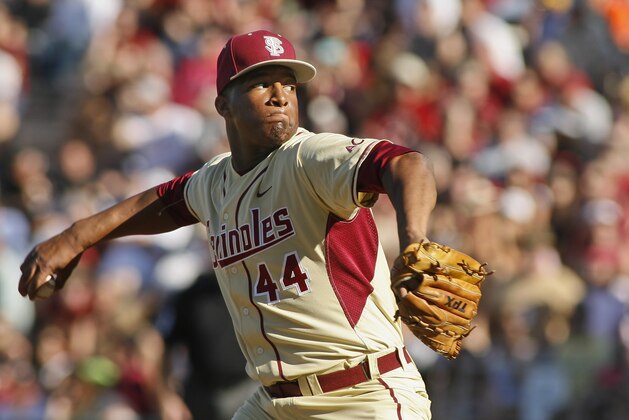 Florida State relief pitcher Jameis Winston (44) throws in the ninth inning of an NCAA college baseball game against Miami on Sunday, March 2, 2014, in Tallahassee, Fla. Florida State won 13-6. (AP Photo/Phil Sears)