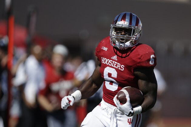 Indiana running back Tevin Coleman (6) runs during the first half of an NCAA college football game against Maryland Saturday, Sept. 27, 2014, in Bloomington, Ind. (AP Photo/Darron Cummings)
