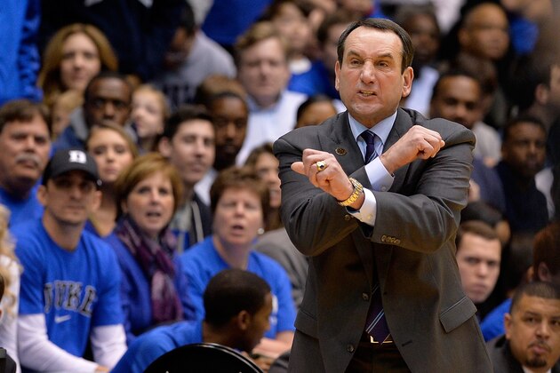DURHAM, NC - DECEMBER 31: Head coach Mike Krzyzewski of the Duke Blue Devils lobbies the officials to call an intentional foul against the Wofford Terriers during their game at Cameron Indoor Stadium on December 31, 2014 in Durham, North Carolina. (Photo by Grant Halverson/Getty Images)