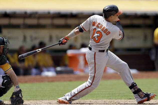 Baltimore Orioles' Manny Machado swings for an RBI single off Oakland Athletics' Sonny Gray in the seventh inning of a baseball game Sunday, July 20, 2014, in Oakland, Calif. (AP Photo/Ben Margot)