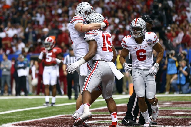 NEW ORLEANS, LA - JANUARY 01:  Ezekiel Elliott #15 of the Ohio State Buckeyes celebrates with his teammate Nick Vannett #81 after scoring a touchdown in the second quarter against the Alabama Crimson Tide during the All State Sugar Bowl at the Mercedes-Benz Superdome on January 1, 2015 in New Orleans, Louisiana.  (Photo by Streeter Lecka/Getty Images)