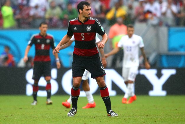 Jun 26, 2014; Recife, BRAZIL; Germany defender Mats Hummels (5) against USA during the 2014 World Cup at Arena Pernambuco. Germany defeated USA 1-0. Mandatory Credit: Mark J. Rebilas-USA TODAY Sports