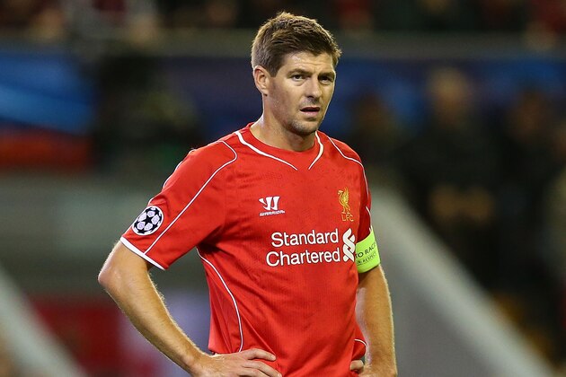 LIVERPOOL, ENGLAND - OCTOBER 22:  Steven Gerrard of Liverpool looks on during the UEFA Champions League Group B match between Liverpool and Real Madrid CF on October 22, 2014 in Liverpool, United Kingdom.  (Photo by Alex Livesey/Getty Images)