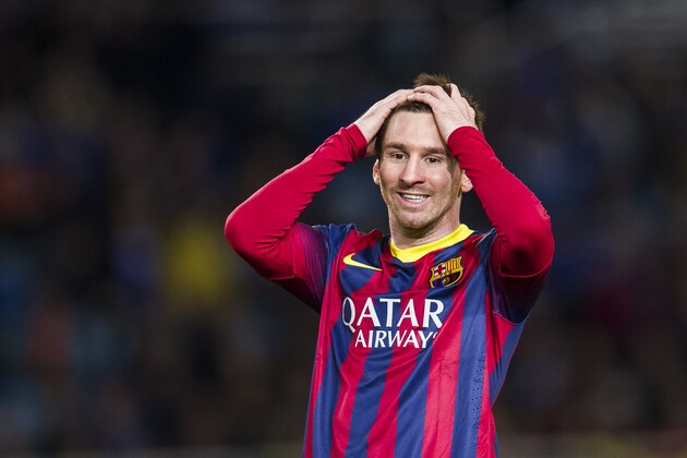 SAN SEBASTIAN, SPAIN - FEBRUARY 12:  Lionel Messi of FC Barcelona reacts during the Copa del Rey Semi-Final first leg match betweenReal Sociedad and Barcelona at Estadio Anoeta  on February 12, 2014 in San Sebastian, Spain.  (Photo by Juan Manuel Serrano Arce/Getty Images)
