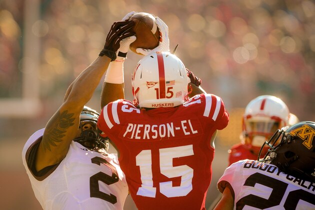 LINCOLN, NE - NOVEMBER 22: Defensive back Cedric Thompson #2 of the Minnesota Golden Gophers fights for the ball with wide receiver De'Mornay Pierson-El #15 of the Nebraska Cornhuskers during their game at Memorial Stadium on November 22, 2014 in Lincoln, Nebraska. Minnesota defeated Nebraska 28-24. (Photo by Eric Francis/Getty Images)