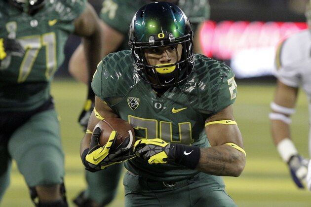 Oregon running back Thomas Tyner is shown during the first half of an NCAA college football game against UCLA  in Eugene, Ore., Saturday, Oct. 26, 2013. (AP Photo/Don Ryan)