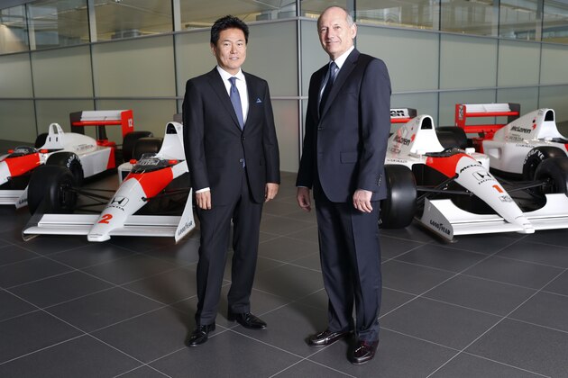 WOKING, ENGLAND- DECEMBER 10: In this handout photo provided by McLaren-Honda, Ron Dennis (R), Chairman & Chief Executive Officer, McLaren and Yasuhisa Arai, Senior Managing Officer, Honda R&D Co Ltd; Chief Officer of Motorsport, Honda pose as McLaren-Honda announce its new driver line-up for 2015 on December 10, 2014 in Woking, England. (Photo by Steven Tee /McLaren-Honda via Getty Images)
