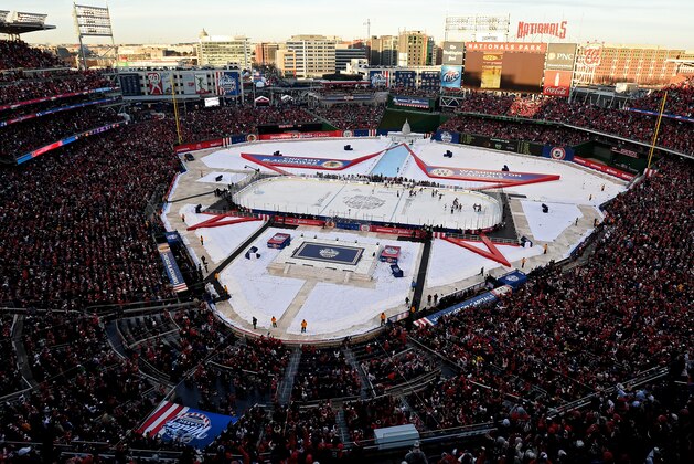 WASHINGTON, DC - JANUARY 01: The Washington Capitals celebrate after defeating the Chicago Blackhawks in the 2015 NHL Winter Classic at Nationals Park on January 1, 2015 in Washington, DC. (Photo by Patrick Smith/Getty Images)