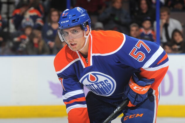 EDMONTON, AB - OCTOBER 24: David Perron #57 of the Edmonton Oilers skates on the ice in a game against the Carolina Hurricanes on October 24, 2014 at Rexall Place in Edmonton, Alberta, Canada. (Photo by Andy Devlin/NHLI via Getty Images)