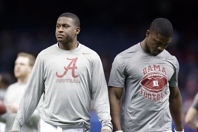 Alabama quarterback Blake Sims, left and running back T.J. Yeldon warm up before the Sugar Bowl NCAA college football playoff semifinal game against Ohio State, Thursday, Jan. 1, 2015, in New Orleans. (AP Photo/Brynn Anderson)