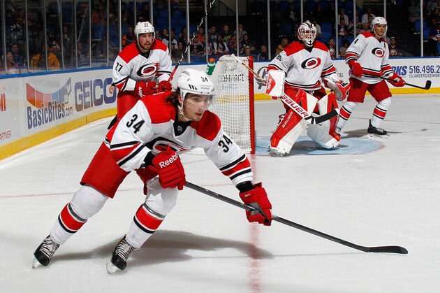 UNIONDALE, NY - SEPTEMBER 24: Phil Di Giuseppe #34 of the Carolina Hurricanes skates against the New York Islanders at the Nassau Veterans Memorial Coliseum on September 24, 2014 in Uniondale, New York. The Hurricanes defeated the Islanders 4-2.  (Photo by Bruce Bennett/Getty Images)